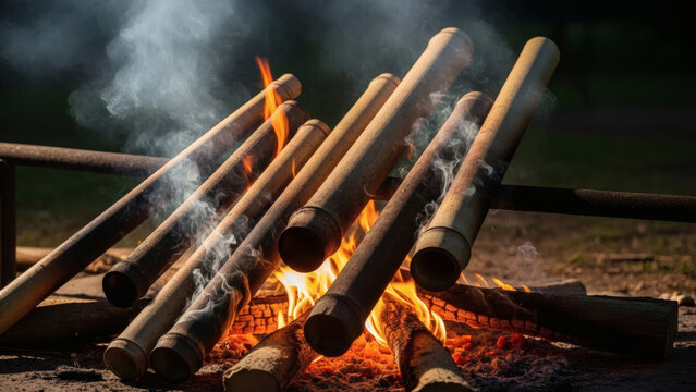 Traditional lemang cooking in bamboo tubes over open wood fire