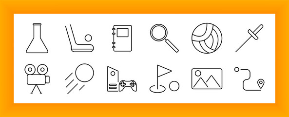 Education and leisure set icon. Flask, stadium seat, notebook, magnifier, volleyball, fencing, camera, ball, gamepad, flag, image, route in thin linear design.