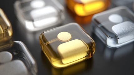 Close-up of glossy, cube-shaped icons with profile silhouettes in various metallic colors