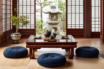 Japanese zen tea ceremony room overlooking garden