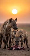 Hyenas Feast at Sunset - A Glimpse into African Wildlife.