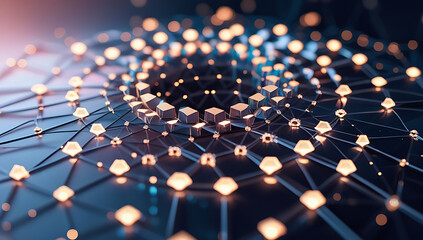 Glowing network connections with hexagonal nodes in dark background