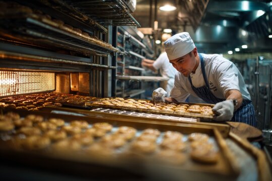 A baker places trays of pastries into an industrial oven in a bakery kitchen. Other workers can be seen in the background preparing treats Generative AI