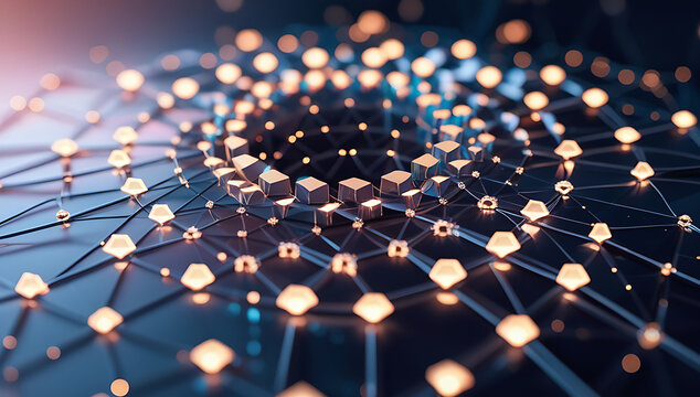 Glowing network connections with hexagonal nodes in dark background - Powered by Adobe