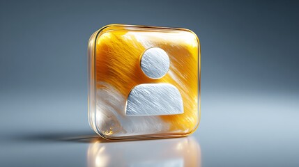 Glossy rendered user icon with an abstract golden background, on a reflective surface
