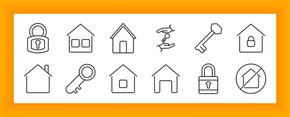 Real estate set icon. House, padlock, key, secure home, property, lock, key handover, forbidden access, protection, building, safety, ownership, access, investment, mortgage