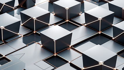 Modern metallic cubes with glowing connections in technology background