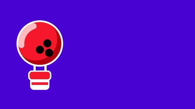 The image depicts a red bowling ball attached to a small hot air balloon floating against a solid dark purple background with simple vector lines