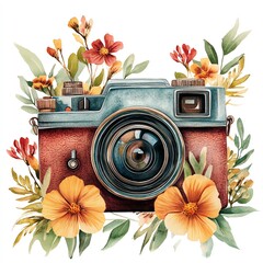 Retro Photo Camera with Flowers Watercolor Isolated on White Background  high resolution   for isolate image