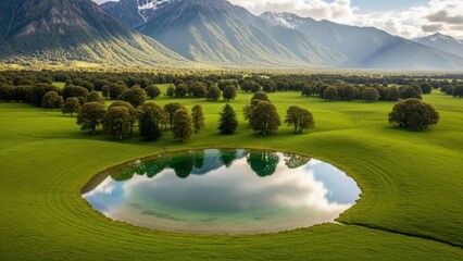 Serene pond surrounded by lush green trees and majestic mountains