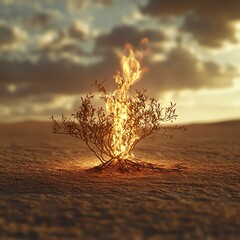 Burning Thorn Bush on Desert, Christian Symbol, Bible Concept  high resolution   for isolate image