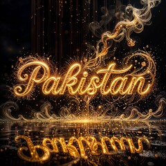 Elegant Golden 3D Typography "Pakistan" with Ethereal Smoke and Sparkling Particles