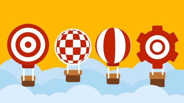 Four different target balloons including a bullseye and checkered pattern float over white clouds under a bright yellow sky for a precision challenge