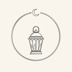 Illustration of Lantern within Circular Frame under Crescent Moon Symbolizing RAMADHAN_x86ldp_ICON.eps Concept