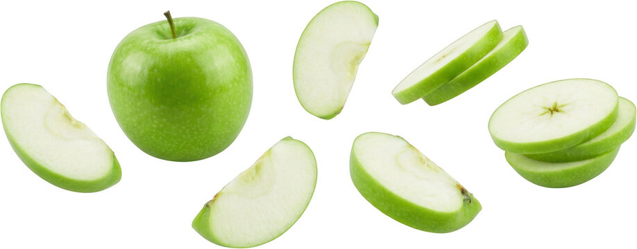 A whole bright green apple with several sliced pieces artfully arranged and floating showcasing vibrant flesh and skin fruit fresh food natural healthy organic ingredient juicy crisp
