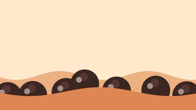 Several small dark spheres are nestled within the dips of rolling brown hills under a pale tan sky in a simple and clean vector art style landscape