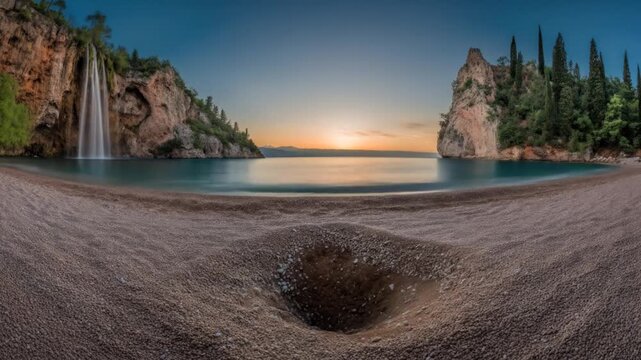 Coastal scene with waterfall beach mountains and dramatic sky