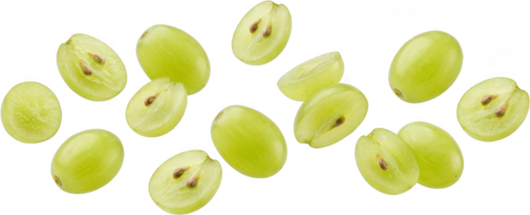 Collection of fresh green grapes some whole some sliced in half revealing seeds scattered organically against a stark contrast fresh grapes fruit halved grapes whole grapes grape seeds
