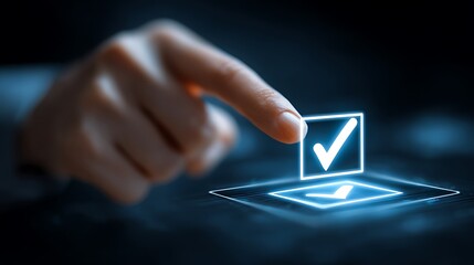 A finger pressing a glowing checkmark on a digital interface, indicating selection or approval