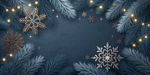 "Dark blue Christmas banner design with copy space and blue fir tree decoration. 3D Rendering, 3D Illustration	
"
