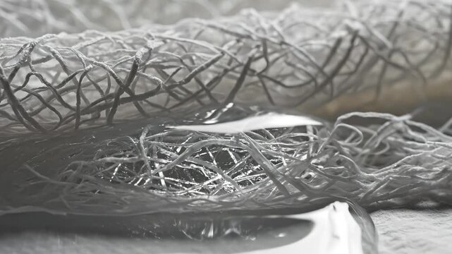 Closeup of tangled white fibers