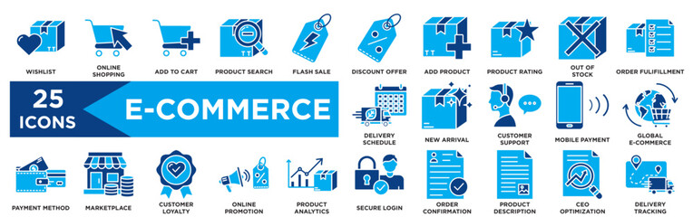 E-Commerce Dual Tone Icon Set - Wishlist, Online Shopping, Product Search, Flash Sale, Out of Stock.eps