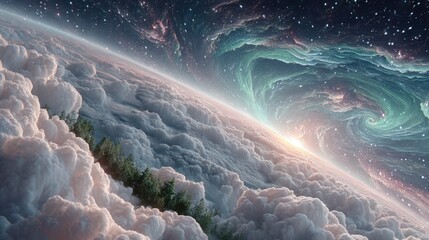 Celestial Landscape: Clouds, Aurora, and Starry Sky