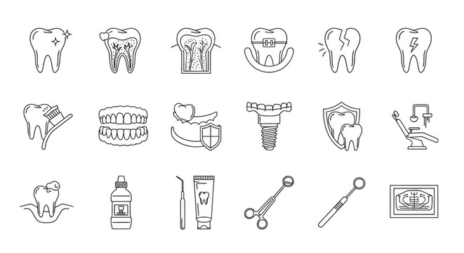 Collection of dental illustrations isolated on hand drawn outline vector illustration of teeth and dental care equipment set
