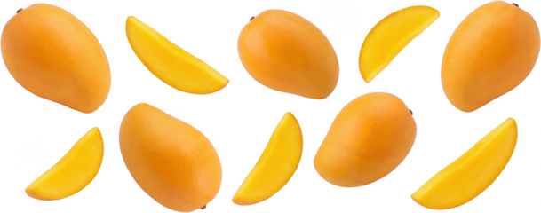 Collection of ripe orange mangoes and bright yellow mango slices arranged in an appealing pattern fruit tropical sweet whole food fresh juicy natural healthy exotic organic summer ingredient
