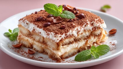 Delicious Tiramisu on Plate, Garnished with Cocoa and Mint