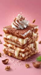 Delicious Tiramisu Cake Stack with Cream on Pink Background