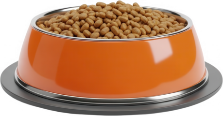 A full orange pet food bowl with a silver rim overflowing with dry kibble sits on a gray mat dog food cat food pet supplies pet care animal nutrition feeding dry food pet meal pet bowl