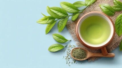 Cup of Green Tea with Fresh Leaves on Light Blue Background - Healthy Lifestyle
