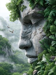 Stone Face Sculpture in Lush Green Nature, Serene Portrait