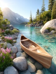 Scenic Lake with Wooden Canoe and Mountain Views