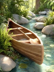 Wooden Canoe in Tranquil Stream, Lush Forest