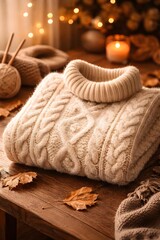 A cozy knitted sweater featuring soft yarn texture and warm tones, creating a comfortable and stylish winter fashion concept. The image represents warmth, comfort, handmade craftsmanship.