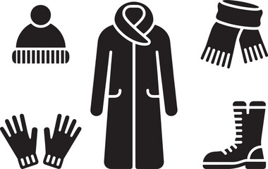 Winter Clothing Icon Set in Solid Style Featuring Coat, Boots, Gloves, and Accessories