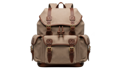Tan canvas backpack with brown leather trim and brass buckles on black background image