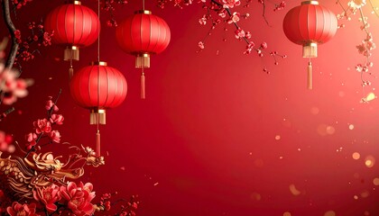 Traditional chinese new year zodiac decorations with lanterns and flowers, copy space text