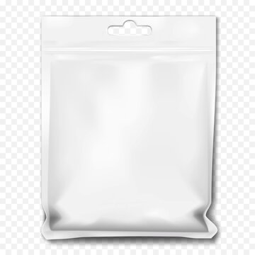 White blank plastic sachet pouch with zip lock and euro hole. Realistic vector mockup. Hanging zipper flat poly bag. Mock-up. Retail product ziplock resealable packet package. Template for design
