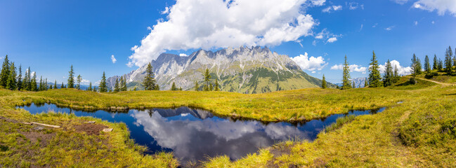 Austria Alps landscape with alpine meadows, forested slopes, and rugged mountain peaks under open sky. High altitude terrain showing natural scenery, geology, outdoor environment, European mountain re