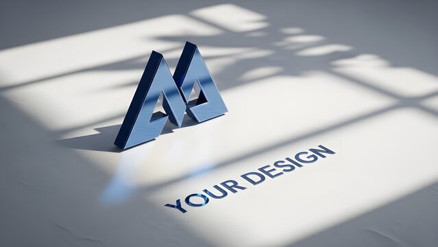 Striking 3d metallic logo mockup with "your design" text on a bright, shadowed surface