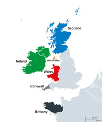 Celtic nations, map of the six Celtic countries, a cultural area and a collection of geographical regions in Northwestern Europe, where Celtic languages and cultural traits have survived. Vector