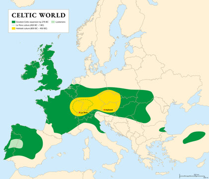 Celtic world, history map of the Celts, a collection of Indo-European peoples in Europe and Anatolia. Map with core Hallstatt territory, the La T&egrave;ne culture, and greatest expansion by 275 BC. Vector