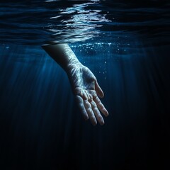 A hand emerges from the dark blue depths of the water, reaching upwards for help  high resolution   for isolate image