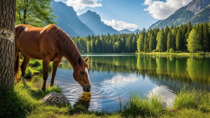 Horse drinking water from a serene lake in the mountains