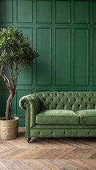 Green tufted sofa with large bonsai tree on green wall background with copy space. Modern interior design. 3D Rendering, 3D Illustration
