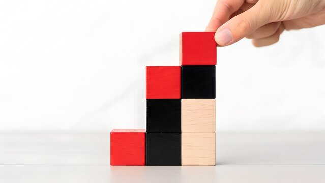 Progress Concept &ndash; Hand Placing Red Block on Stepped Structure of Colored Wooden Cubes, blocks, hand, stacking, growth, progress, development, strategy, red, wood, minimal
