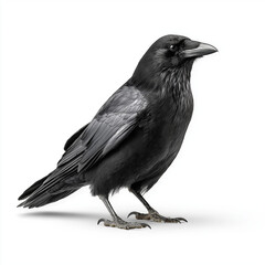 Obraz premium Black Crow Isolated on White Background, Detailed Raven Bird Close Up, Wild Black Bird Symbolism, Nature and Wildlife Concept